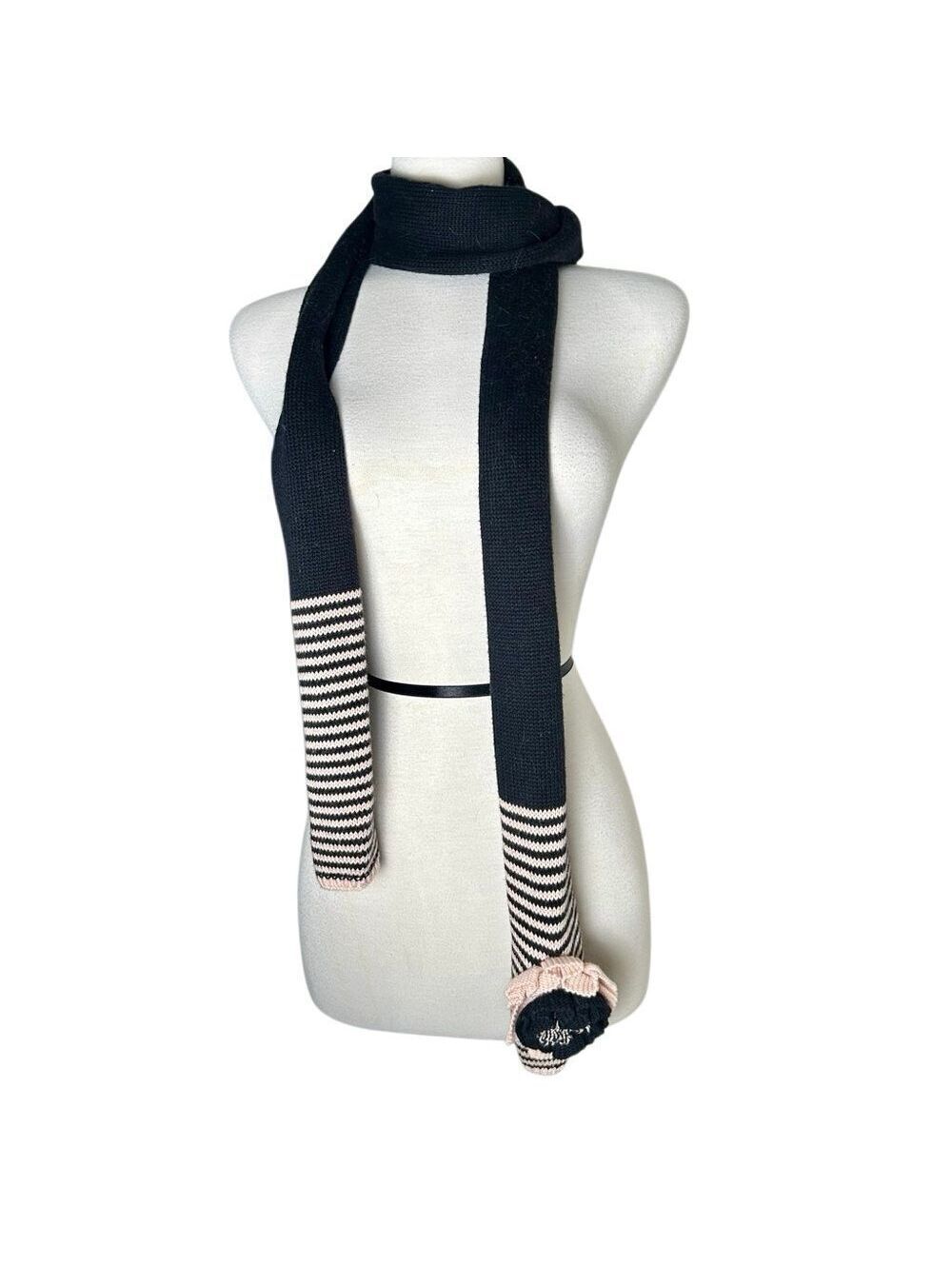 Y2K Skinny Knit Scarf Stripes Pastel Pink Black Rossette Flower Vintage Express